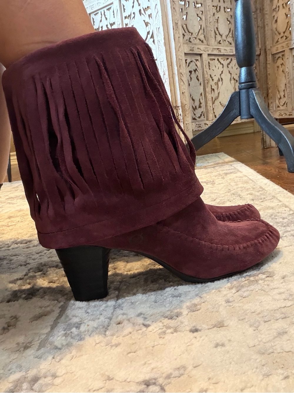 Born Burgundy Suede Fringe Mid-Heel Ankle Boots